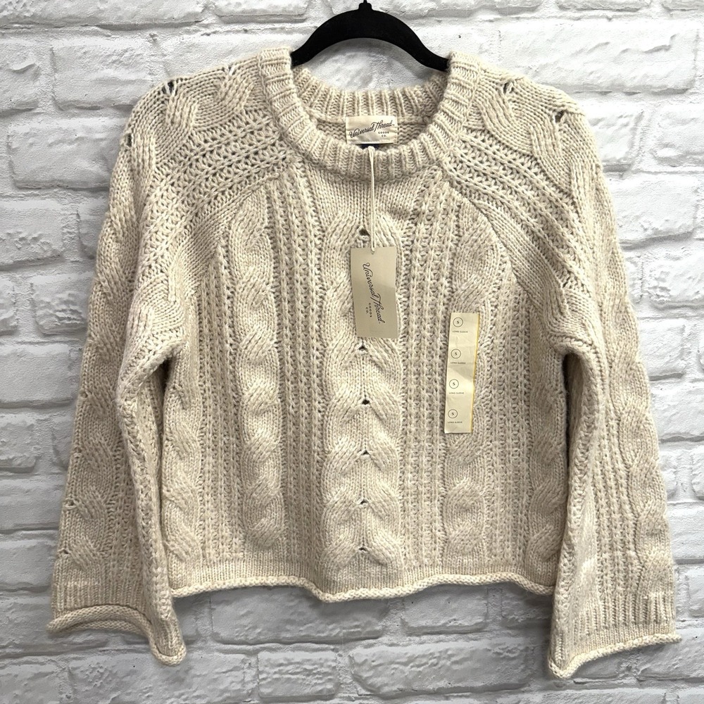 Chunky Cable Knit Sweater Cropped Crew‎ Cream Sz Small Bell Sleeves Boho - New